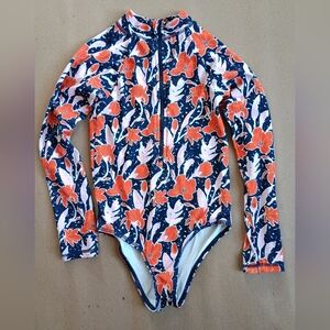 Girls Lake Label Vintage Orange Blue Floral Swimsuit Rashguard Sz 6/7 50 SPF